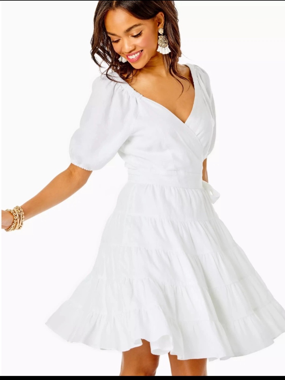 Lilly Pulitzer Iralee Linen Wrap Dress White Waist Tie Puff Sleeve Sz 8
